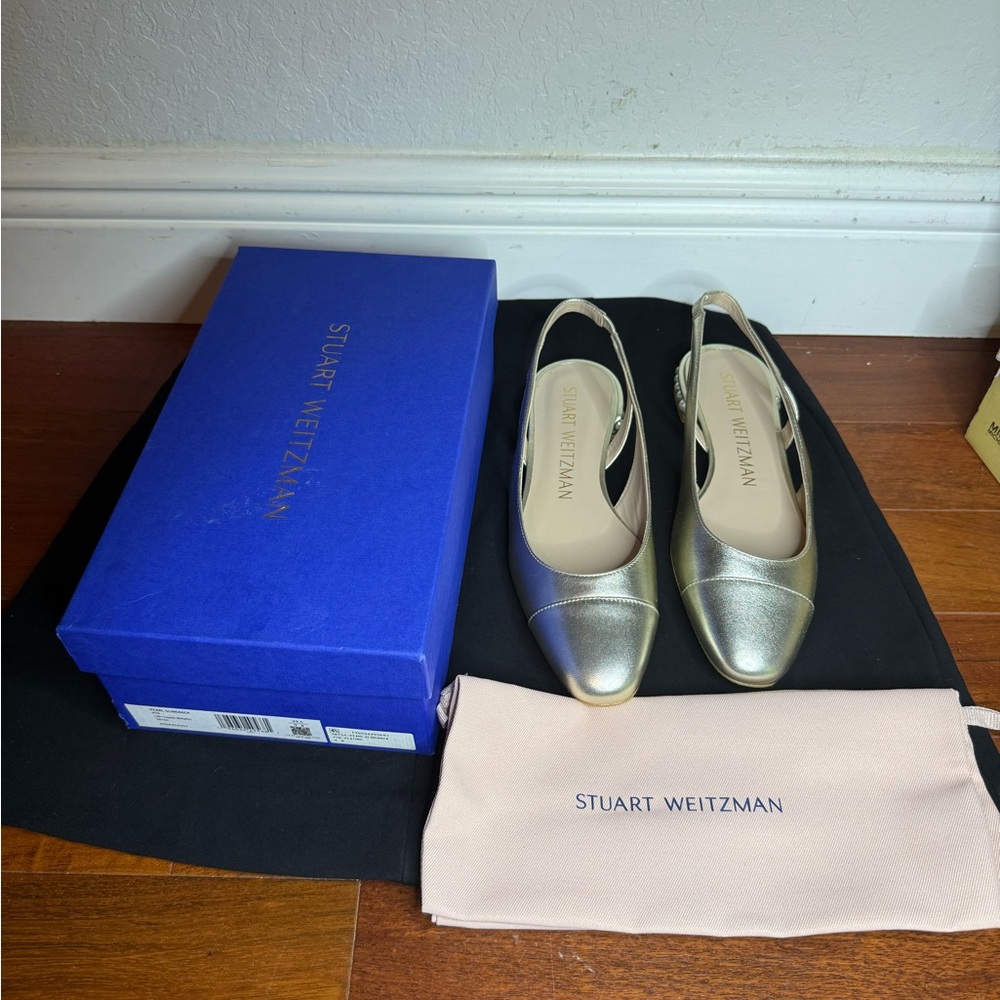 Stuart Weitzman Pearl Embellished Slingback Flats, New, Size US 9